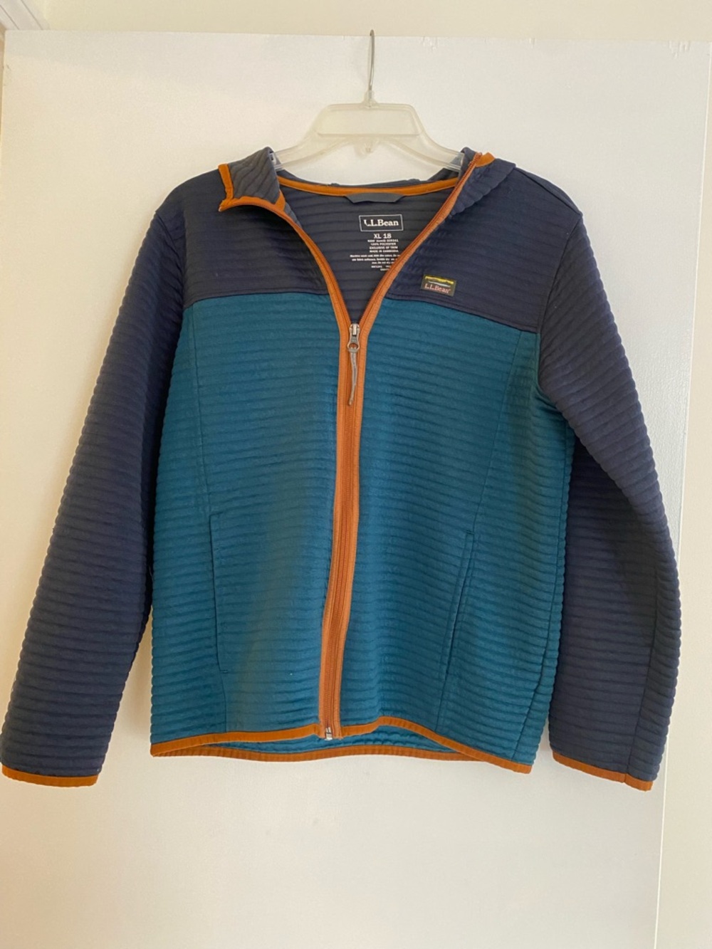 L.L. Bean Kids' Zip Hoodie in Teal, Navy & Orange Trim
